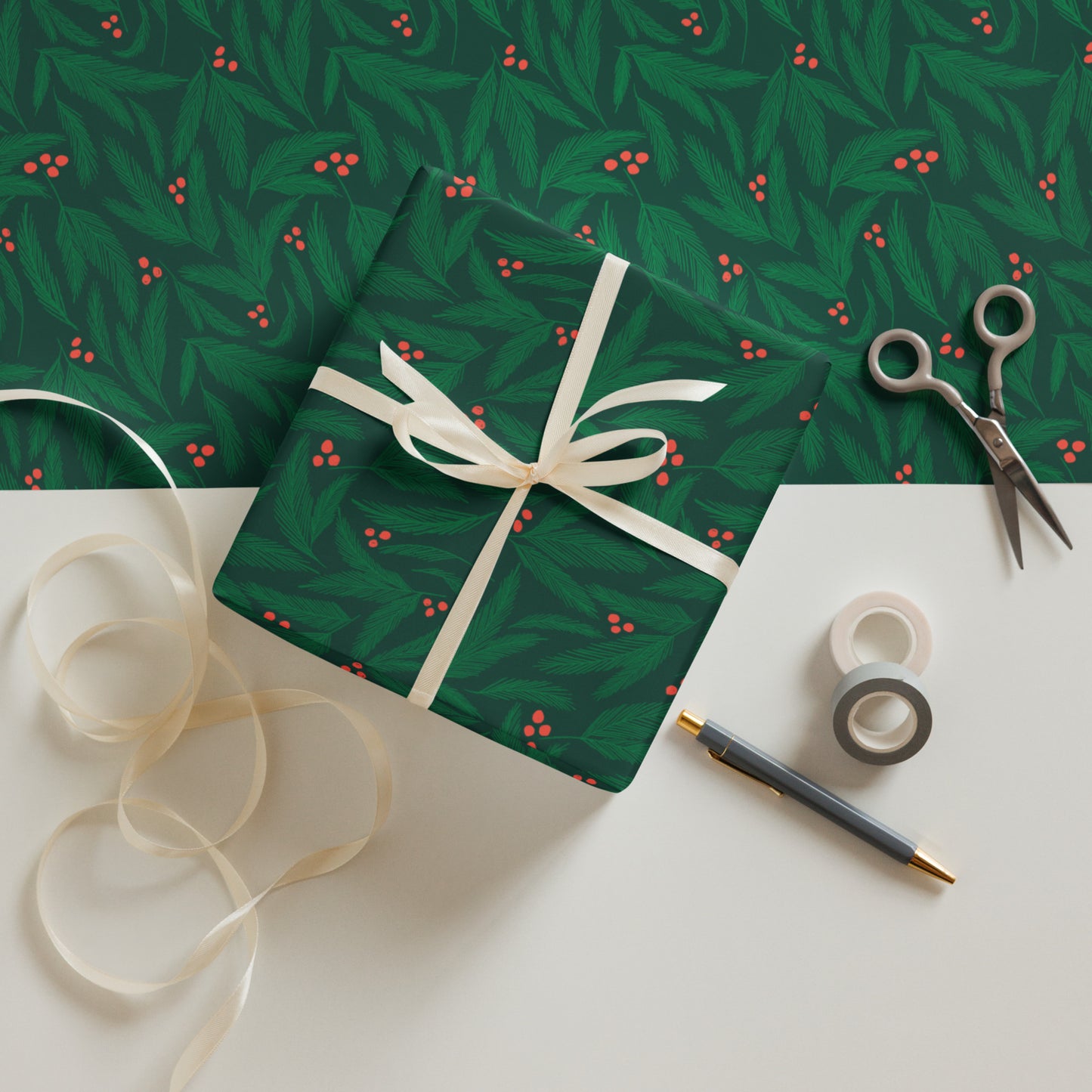 Christmas Greenery with Red Berries Holiday Wrapping Paper