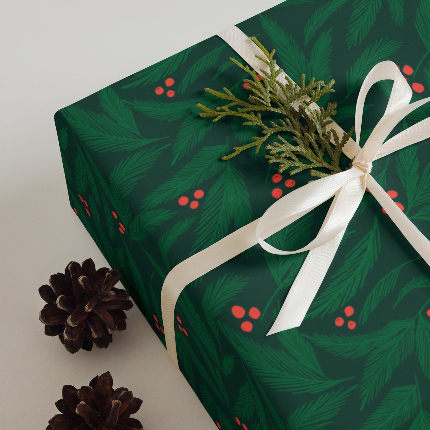 Christmas Greenery with Red Berries Holiday Wrapping Paper