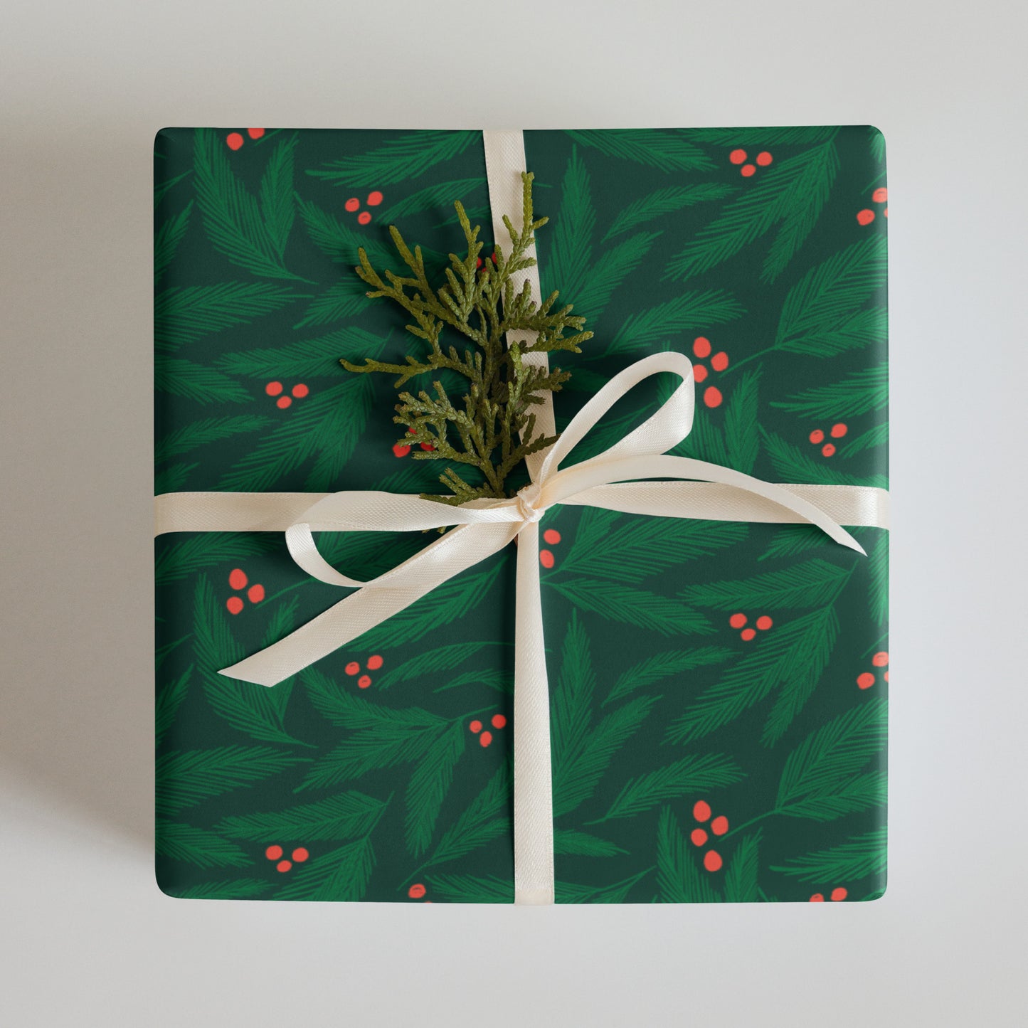 Christmas Greenery with Red Berries Holiday Wrapping Paper